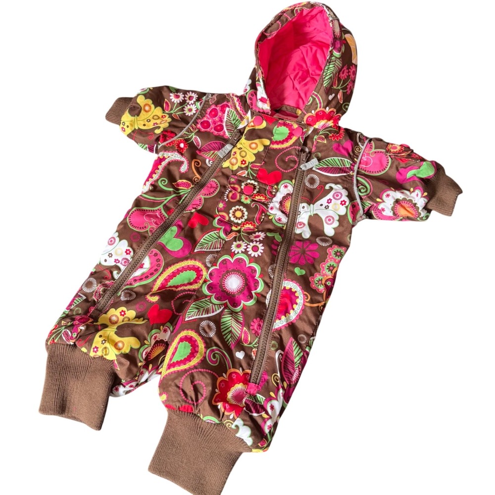 Hanna Andersson Snowsuit Baby 60 Brown Floral Good Quilted Hood Bunting Romper